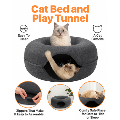 سرير قطط على شكل دونات مع نفق | سرير قطط ونفق لعب