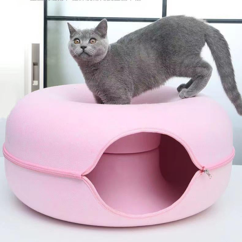 سرير قطط على شكل دونات مع نفق | سرير قطط ونفق لعب