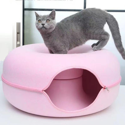سرير قطط على شكل دونات مع نفق | سرير قطط ونفق لعب