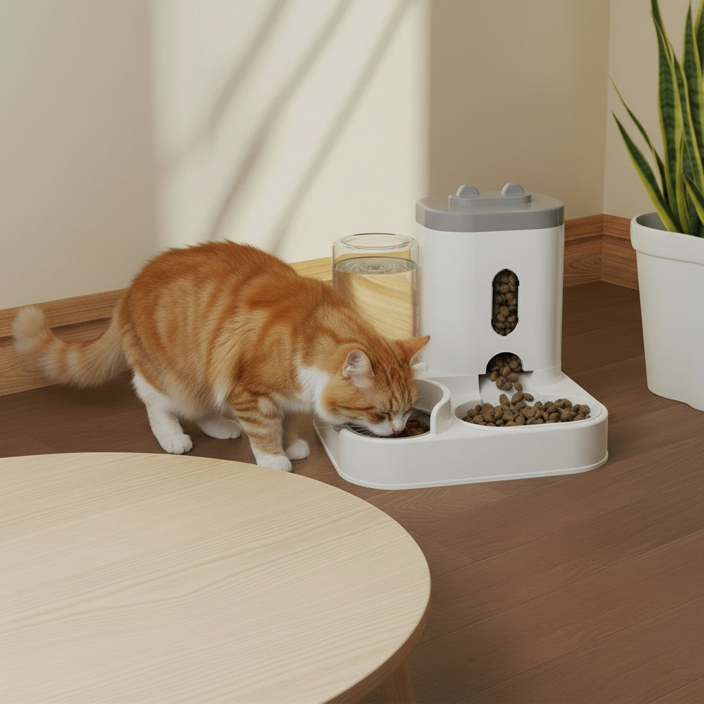 موزع طعام وماء للقطط يعمل بالجاذبية