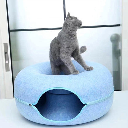سرير قطط على شكل دونات مع نفق | سرير قطط ونفق لعب