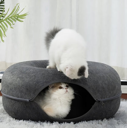 سرير قطط على شكل دونات مع نفق | سرير قطط ونفق لعب